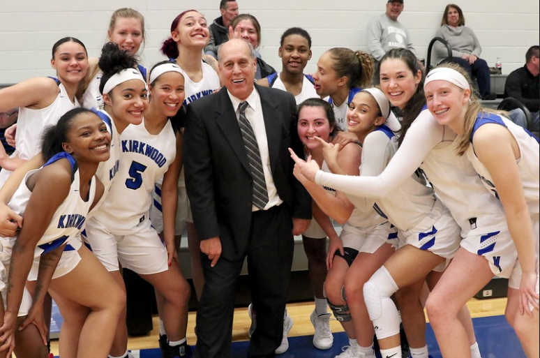 Kirkwood Coach Kim Muhl, who collected his 900th victory on Wednesday, was honored at Johnson Hall Saturday after the top-ranked Eagles defeated Iowa Lakes. (MSR photo by Margaret O'Banion)